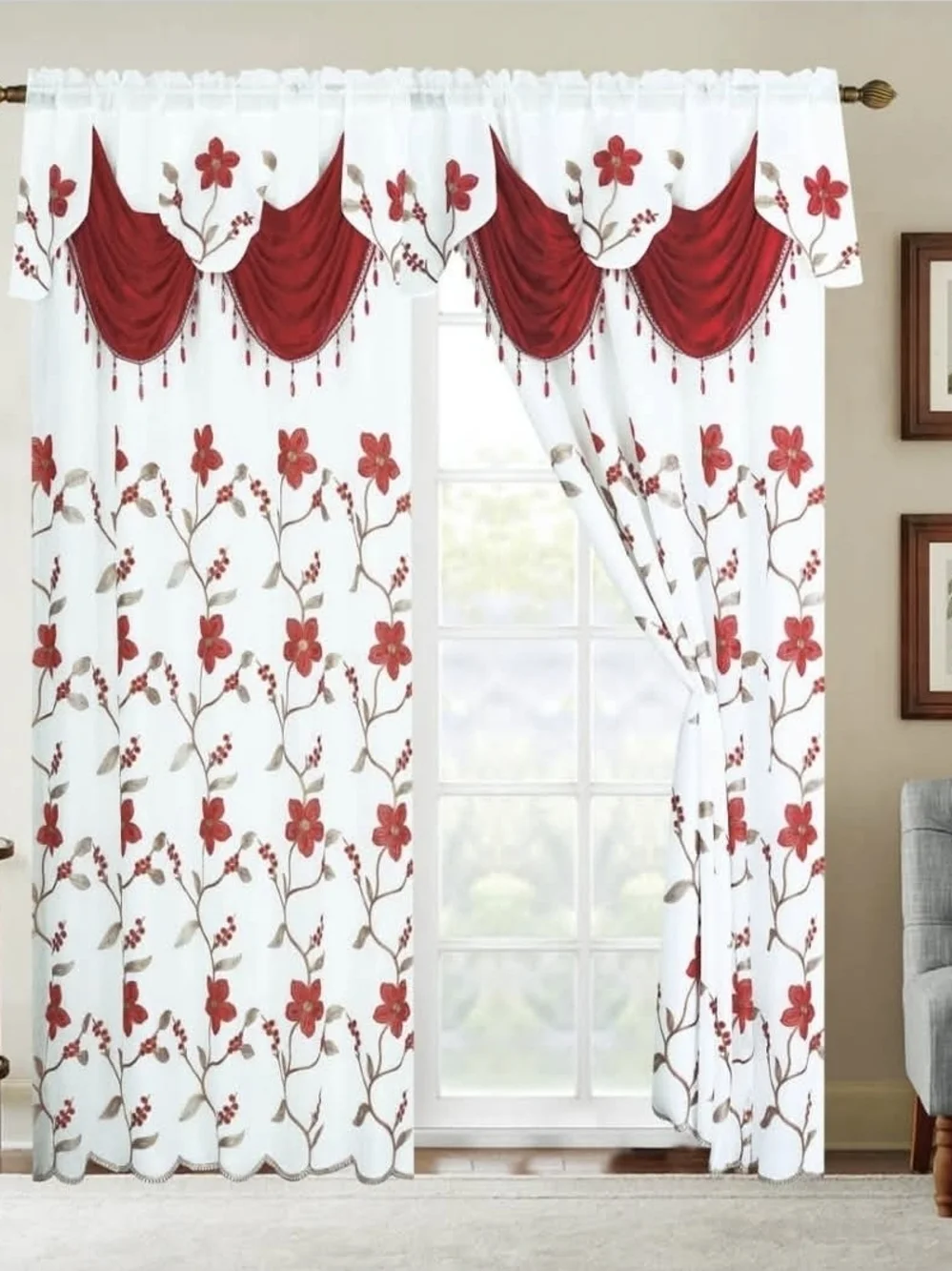 Elegant Green Floral Window Curtain Set - White & Sage